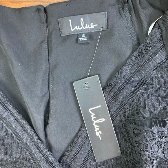 Lulu's Small Peasant Chiffon Lace Surplice Blouse Top Cropped Black Cocktail NWT - Picture 2 of 10